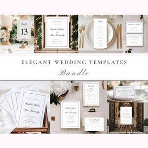 Elegancki pakiet szablonów ślubnych z klasyczną ramką, edytowalny zestaw szablonów - zestaw zaproszeń, tabliczka powitalna, program, menu, numer stołu/karty