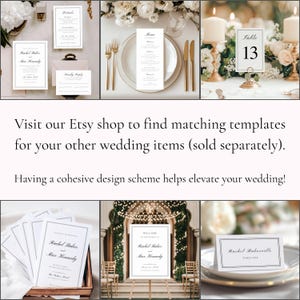 May include: A set of wedding stationery templates with a simple, elegant design. The templates include a welcome sign, table number, menu, and place cards. The text on the templates reads "Rachel Baker and Max Kennedy" and "Table 13".
