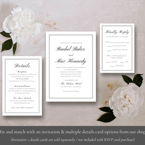 Puede incluir: Conjunto de invitaciones de boda con un dise&ntilde;o en blanco y negro. La tarjeta de invitaci&oacute;n presenta los nombres "Rachel Baker" y "Max Kennedy" con la fecha y la ubicaci&oacute;n de la boda. La tarjeta de detalles incluye informaci&oacute;n sobre la recepci&oacute;n y el alojamiento. La tarjeta RSVP tiene un dise&ntilde;o en blanco y negro con el encabezado "Responder amablemente".