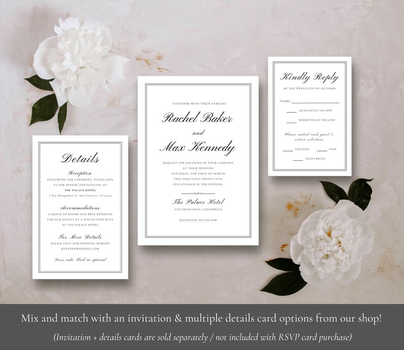 Puede incluir: Conjunto de invitaciones de boda con un dise&ntilde;o en blanco y negro. La tarjeta de invitaci&oacute;n presenta los nombres "Rachel Baker" y "Max Kennedy" con la fecha y la ubicaci&oacute;n de la boda. La tarjeta de detalles incluye informaci&oacute;n sobre la recepci&oacute;n y el alojamiento. La tarjeta RSVP tiene un dise&ntilde;o en blanco y negro con el encabezado "Responder amablemente".