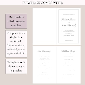 May include: A printable wedding program template in black and white. The template is 11 x 8.5 inches unfolded and folds down to 5.5 x 8.5 inches. The text on the template reads "Welcome to the wedding of Rachel Baker and Max Kennedy. The First of March Two Thousand Twenty-Five. The Palace Hotel. San Francisco, California. Thank you for joining us."