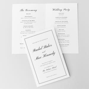 May include: Wedding ceremony program with black text on white paper. The program includes the order of events, the names of the wedding party, and the date and location of the wedding. The wedding is for Rachel Baker and Max Kennedy.