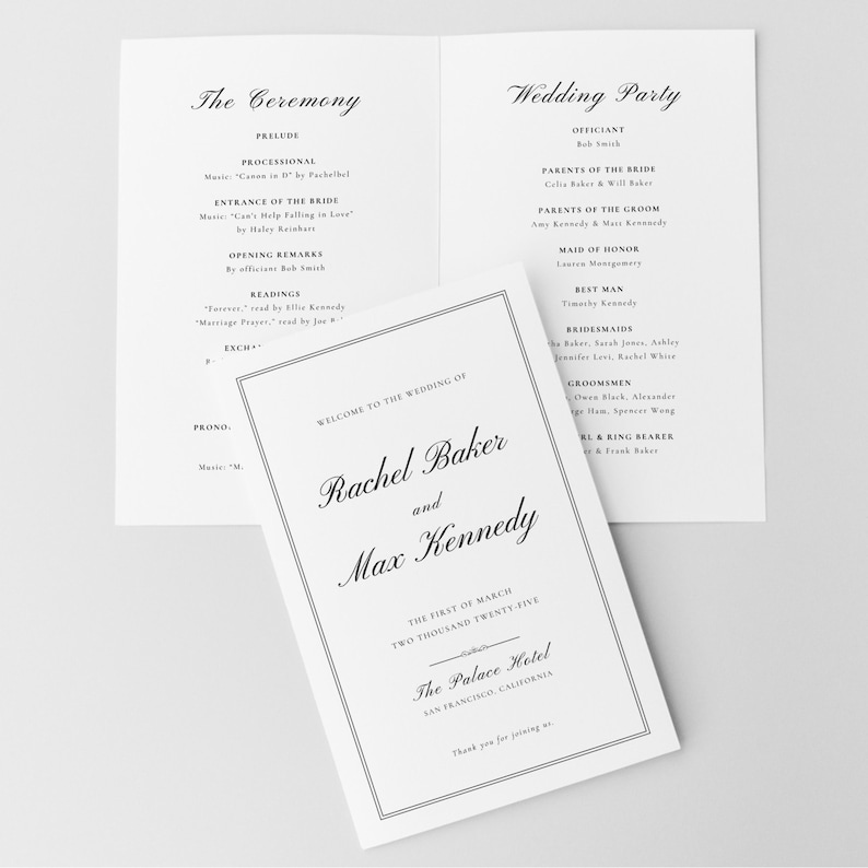 May include: Wedding ceremony program with black text on white paper. The program includes the order of events, the names of the wedding party, and the date and location of the wedding. The wedding is for Rachel Baker and Max Kennedy.