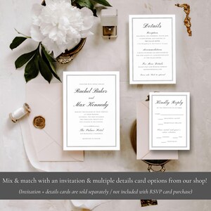 Puede incluir: Una tarjeta RSVP blanca con texto negro. La tarjeta tiene un dise&ntilde;o sencillo con los nombres "Rachel Baker" y "Max Kennedy" en la parte superior. La tarjeta tambi&eacute;n incluye el texto "Kindly Reply" y una secci&oacute;n para que los invitados respondan a la invitaci&oacute;n.