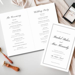 May include: Wedding ceremony program with a white background and black text. The program lists the order of events for the ceremony, including the processional, readings, exchange of vows, and recessional. The program also includes a list of the wedding party, including the officiant, parents of the bride and groom, maid of honor, best man, bridesmaids, and groomsmen. The program is decorated with a simple, elegant design.