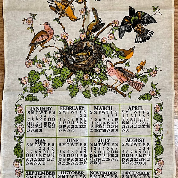 1979 Birds and Flowers Calendar Tea Towel