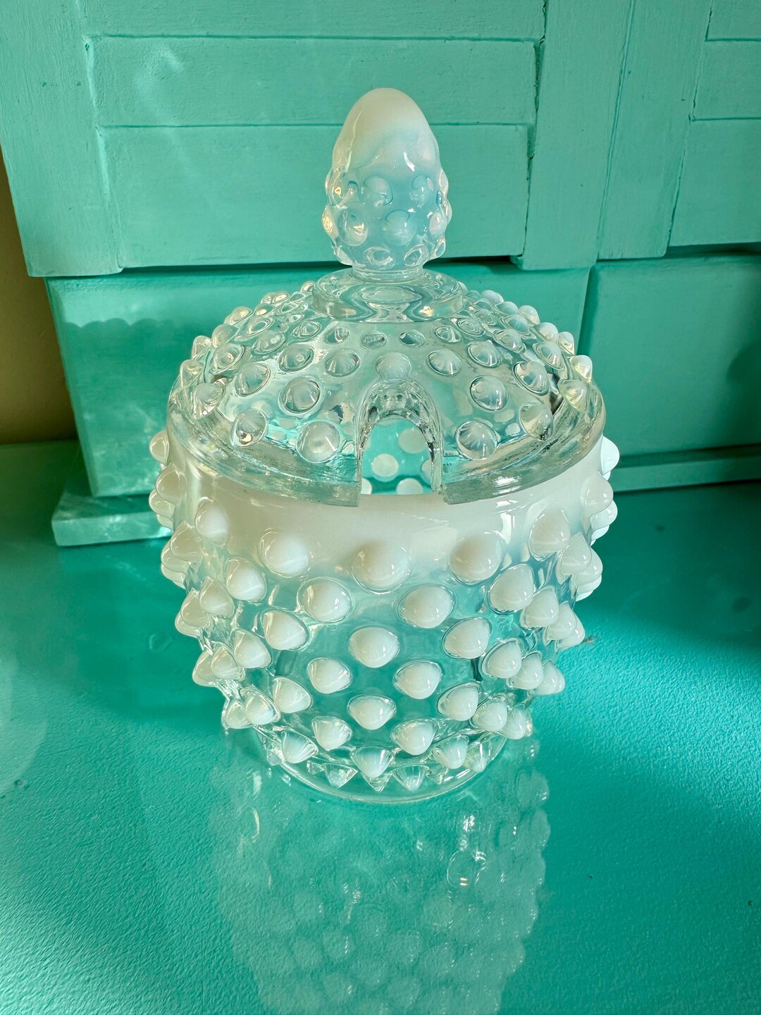 Vintage Fenton French Opalescent Hobnail Glass Condiment Jar With Lid ...