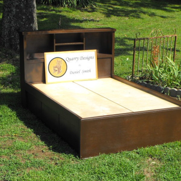 Full / Double platform bed with drawers and bookcase headboard