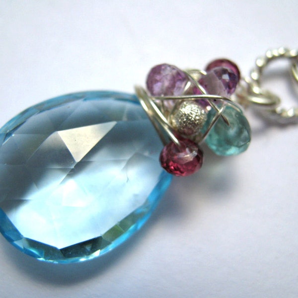 Black Friday 15% OFF SALE Swiss Blue Topaz Gemstone Necklace, Wrapped Gemstone Pendant Gift for Her