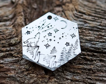 Moon Dog Tag, Dog Tags for Dogs, Wolf Dog Tag, Star and Moon Dog Tag, Howling Wolf