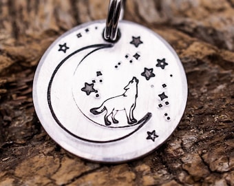 Dog Tags for Dogs, Howling Wolf Dog Tag,  Moon Dog Tag, Personalized Dog Tag, Pet ID Tag, Name and Phone Number Tag