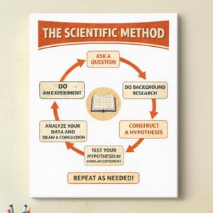 May include: A white canvas print with the title "THE SCIENTIFIC METHOD" in a red and orange banner. The print illustrates the scientific method with arrows and text boxes, including "Ask a Question" and "Do an Experiment."