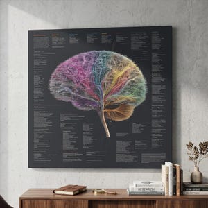 Könnte beinhalten: Ein großer, quadratischer schwarzer Leinwanddruck mit einer farbenfrohen, detaillierten Illustration eines menschlichen Gehirns. Das Gehirn ist mit leuchtenden Farben dargestellt, die neuronale Pfade zeigen. Text ist um die Gehirnillustration herum vorhanden.