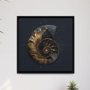 May include: A square framed wall art piece featuring a dark navy blue background with a golden nautilus shell illustration. The shell is intricately detailed with metallic gold lines and geometric drafting markings, including small text and circular diagrams.