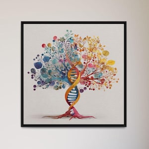 Op de afbeelding: Een ingelijste aquarelprint van een boom met een DNA-dubbele helix-stam. Het gebladerte van de boom is verdeeld in blauwe en gele secties, met kleurrijke bladeren en bessen. De wortels zijn rood en de lijst is zwart.