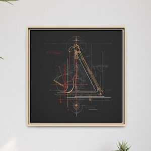 Peut inclure: Œuvre d'art encadrée avec un design géométrique abstrait en or, rouge et blanc sur fond noir. L'œuvre comprend des lignes, des cercles et du texte, créant une esthétique de type plan. Le cadre est de couleur bois clair.