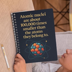 Pode incluir: Um caderno espiralado com uma capa azul escura com o texto "Atomic nuclei are about 100,000 times smaller than the atoms they belong to." Uma ilustração de um átomo está abaixo do texto. Uma caneta está ao lado do caderno.
