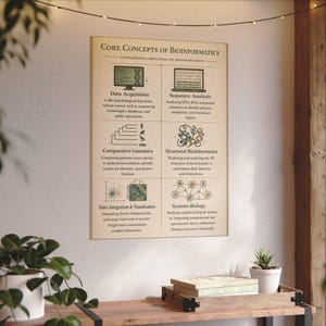 Pode incluir: Um cartaz educativo retangular intitulado Core Concepts of Bioinformatics com fundo bege. Apresenta seis secções com ilustrações e texto que explicam a aquisição de dados, análise de sequências, genómica comparativa, bioinformática estrutural, integração e visualização de dados e biologia de sistemas.