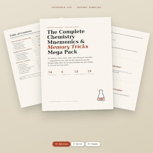 Könnte beinhalten: Ein druckbares PDF-Dokument mit dem Titel The Complete Chemistry Mnemonics & Memory Tricks Mega Pack. Die Seite enthält schwarzen und roten Text, eine kleine Abbildung eines Laborkolbens sowie 34 Merkhilfen, 6 Einheiten und 18 Regeln.
