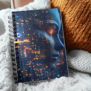 May include: Spiral-bound notebook with a digital art design of a human face overlaid with orange and blue lights. The notebook is on a white knitted blanket, with an orange cushion in the background.