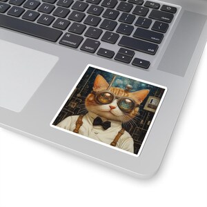 May include: A sticker featuring a ginger cat wearing steampunk goggles, a black bow tie, and suspenders. The cat is set against a detailed cityscape background, creating a whimsical and imaginative design.