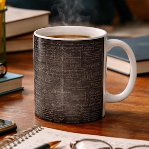 Puede incluir: Una taza de café de cerámica blanca llena de una bebida caliente, emitiendo vapor. La taza presenta un fondo oscuro con ecuaciones y diagramas matemáticos blancos. Está sobre una superficie de madera.