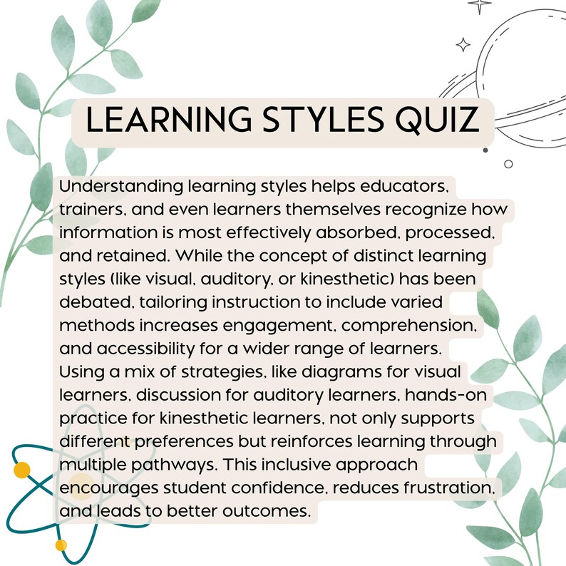 Learning Styles Bundle Printable PDF Reference and Quiz Classroom ...