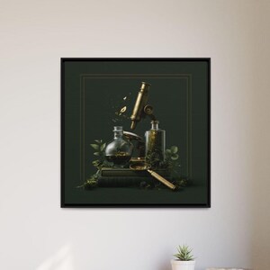 May include: A framed wall art print featuring a brass microscope, a glass flask filled with dark liquid, a glass jar containing green foliage, and a magnifying glass resting on a stack of dark books, all set against a dark green background.