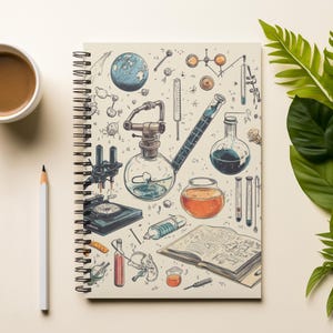 Può includere: Quaderno a spirale con un'illustrazione a tema scientifico con becher, fiaschi e un mappamondo. Una matita bianca e una tazza di caffè sono a sinistra. Foglie verdi a destra.