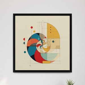 May include: Abstract geometric art print in a black frame. The artwork features a spiral design with a mix of colors including blue, red, yellow, and orange. The background is a light beige color, and the print has a modern aesthetic.