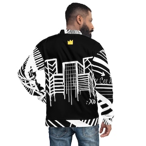 Unisex Black and White City Scape Graffiti Bomber Jacket