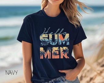 Hello Summer Tropical T-Shirt. Tropical Summer Shirt. Palm Tree Summer Shirt. Unisex Summer Shirt.