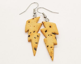 Cookie Lightning Bolt Earrings, Chocolate Chip Cookie Thunderbolts, Quirky Gift Idea, Cookie Lover Jewelry