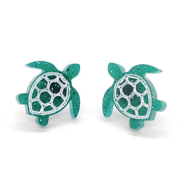 Glitter Turtle Stud Earrings, Sparkle Resin Earrings, Fun Gift for Animal Lovers