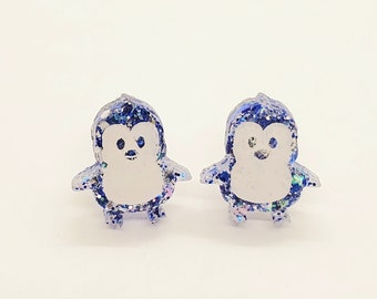 Mini Resin Penguin Stud Earrings, Cute Winter Studs, Glitter Penguin Earrings, Seasonal Jewelry