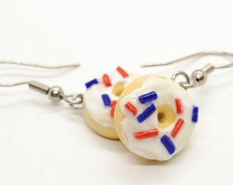 Sprinkled Donut Earrings, Miniature Food, Glazed Donuts, Inedible Jewelry