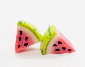 Sliced Watermelon Stud Earrings, Polymer Clay Food Miniatures, Seeded Watermelon Studs, Summer Snack Favorites