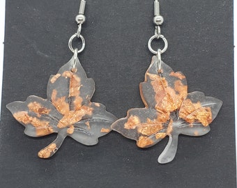 Leaf Dangle Earrings, Resin Autumn Leaves, Leaves with Rose Gold Flakes, Fall Resin Earrings