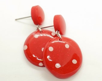 Red Polka Dot Dangle Earrings, Polymer Clay Earrings, Lightweight Jewelry, Polka Dots