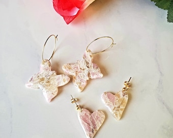 Pink and Gold Marbled Polymer Clay Earrings, Heart Drop Earrings, Butterfly Hoops, Hypoallergenic Jewelry