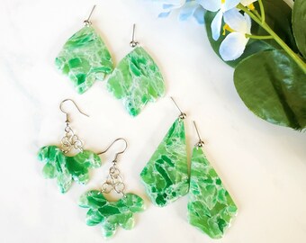 Jade-Like Polymer Clay Earrings, Unique Dangle Earrings, Stained Glass Jewelry, Large Dark Green Earrings