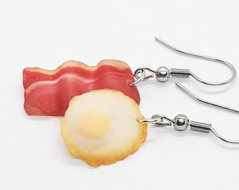 Fried Egg and Bacon Earrings, Miniature Food Dangle Earrings, Inedible Jewelry, Earrings for Sensitive Ears, Mismatched Earrings