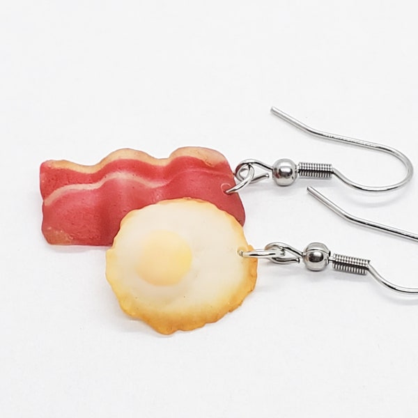 Fried Egg and Bacon Earrings, Miniature Food Dangle Earrings, Inedible Jewelry, Earrings for Sensitive Ears, Mismatched Earrings