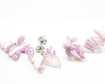 Purple and White Bunny Studs, Mini Butterly Drop Earrings, Marbled Spring Jewelry