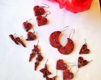 Red and Black Marbled Clay Earrings, Hypoallergenic Heart Dangle Earrings, Moons and Butterflies Jewelry, Lightning Bolt Studs