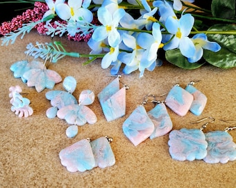 Cotton Candy Inspired Polymer Clay Earrings, Stained Glass Look, See Through Dainty Jewelry, Blue and Pink Drop Earrings