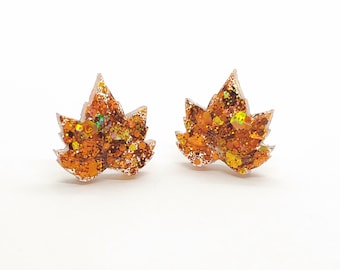 Resin Fall Leaf Dangle and Stud Earrings, Gold-Colored Autumn Leaves, Seasonal Earrings for Sensitive Ears, Glitter Leaf Earrings