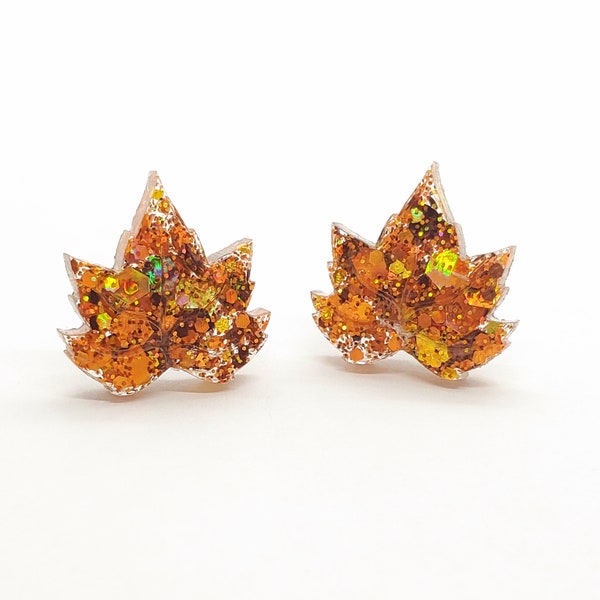 Resin Fall Leaf Dangle and Stud Earrings, Gold-Colored Autumn Leaves, Seasonal Earrings for Sensitive Ears, Glitter Leaf Earrings