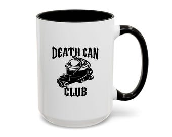 Vintage Muscle Car Death Can Club 15oz Mug - Colorful Coffee Cup for Car Enthusiasts, Ceramic Tea Mug, Unique Gift Idea, Retro Car Lover
