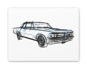 1964 Pontiac GTO Sketch Canvas Print, Aqua Vintage Car Art